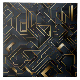 Circuit Board Pattern, Black and Gold, Seamless Ceramic Tile