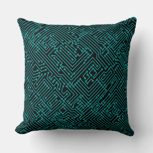 Circuitry - Cyan on Black Cushion