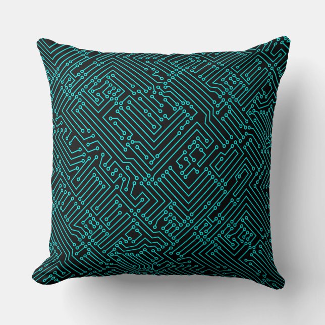 Circuitry - Cyan on Black Cushion (Front)