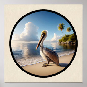 Circular 3D Image of a Beautiful Brown Pelican Poster