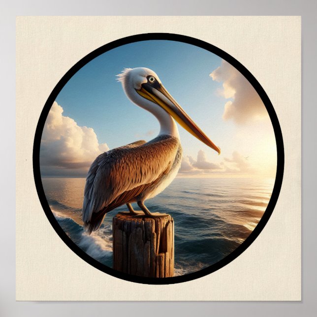 Circular 3D Image of a Beautiful Brown Pelican Poster (Front)