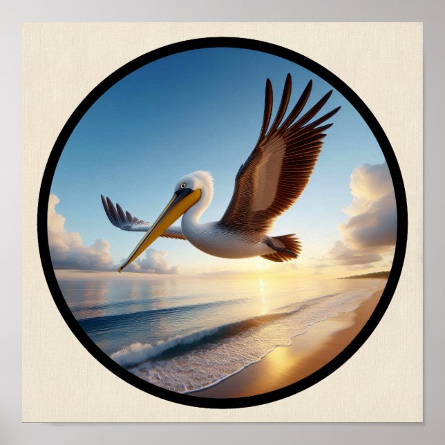 Circular 3D Image of a Beautiful Brown Pelican Poster (Front)