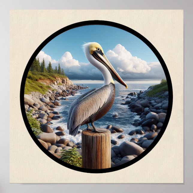 Circular 3D Image of a Beautiful Brown Pelican Poster (Front)
