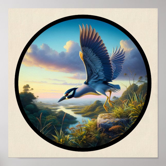 Circular 3D Image of a Yellow-crowned Night Heron Poster (Front)