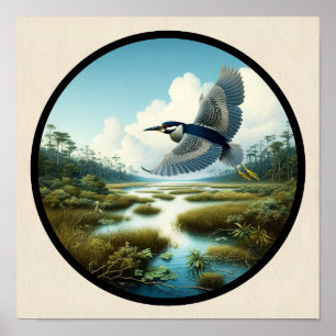 Circular 3D Image of a Yellow-crowned Night Heron Poster