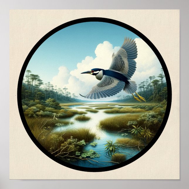 Circular 3D Image of a Yellow-crowned Night Heron Poster (Front)