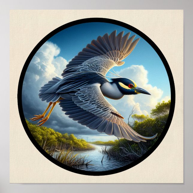 Circular 3D Image of a Yellow-crowned Night Heron Poster (Front)