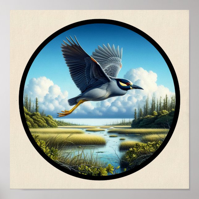 Circular 3D Image of a Yellow-crowned Night Heron Poster (Front)