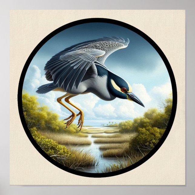 Circular 3D Image of a Yellow-crowned Night Heron Poster (Front)