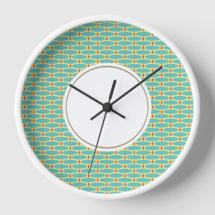Circular Aqua Mint White Yellow Tiled Art Pattern Clock