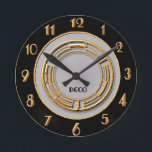 Circular Art Deco Wall Round Clock<br><div class="desc">I have created another Art Deco Style Clock. This is a wall clock measuring 8 x 8 inches. I have used typical art deco colours, gold, black and grey. The circular pattern in the middle is from an Art Deco template which I coloured in gold. This would suit most homes....</div>