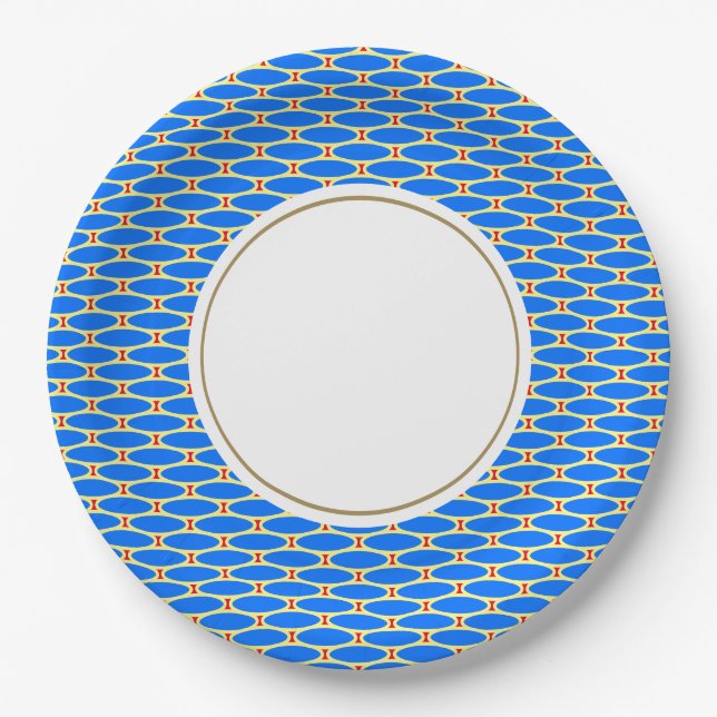 Circular Bright Blue White Tiled Geometric Pattern Paper Plate (Front)