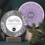 Circular Calendar Business Logo Purple Greeting Holiday Card<br><div class="desc">Happiest Holidays - This unusual design can be used for a holiday business greeting card. Add your logo and branding to this festive design. The greeting - happiest holidays -- can be changed along with the business name and detailed message. The background is a botanical pattern with Christmas leaves and...</div>