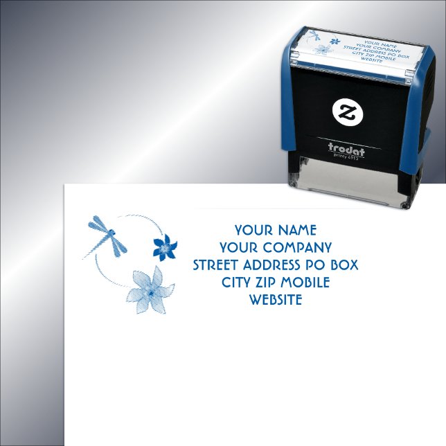 Circular Flowers & Dragonfly  Adress Self-inking Stamp (Interesting detail and flowing art, will catch the eye.)