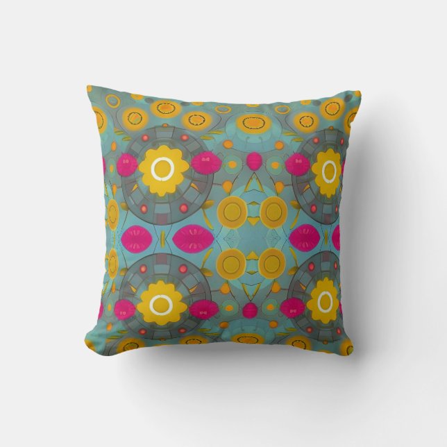 Circular flowers orange fuchsia green cushion (Front)