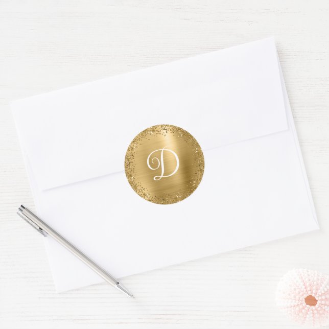 Circular Gold Glitter and Foil Monogram Classic Round Sticker (Envelope)