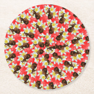 Circular Horses And Frangipani Design, Round Paper Coaster