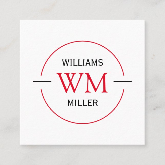 Circular Initials Modern Square Red- Business Card (Front)