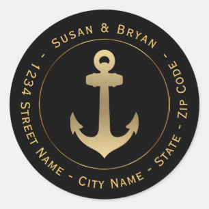 Circular Nautical Gold Anchor Return Address Label