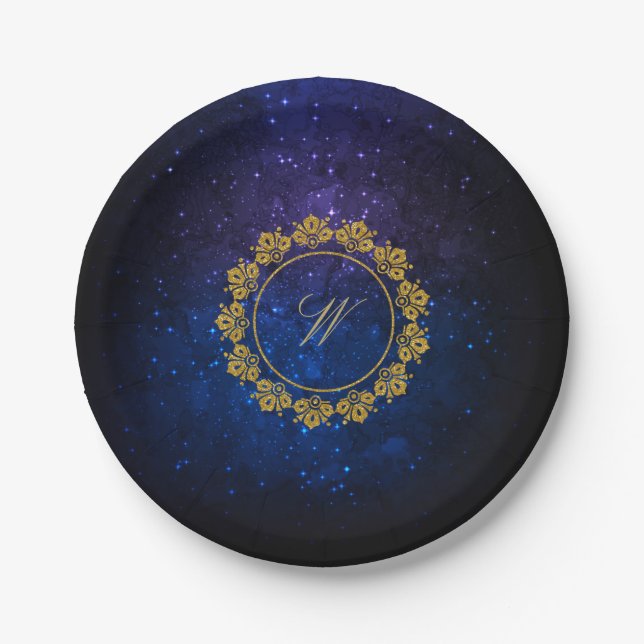 Circular Pattern Monogram on Blue Galaxy Paper Plate (Front)