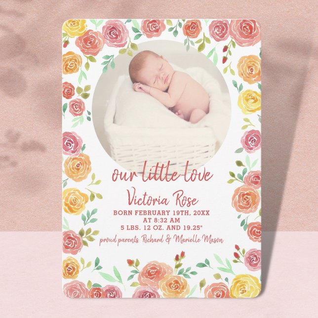 Circular Photo Floral Watercolor Birth Announcement (Creator Uploaded)
