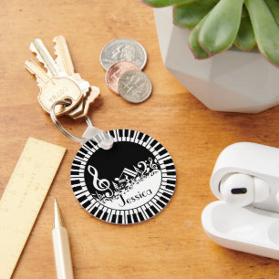 Circular Piano Keys and Jumbled Music Notes Key Ring