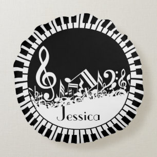 Circular Piano Keys and Jumbled Music Notes Round Cushion