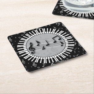 Circular Piano keys with musical notes centre Square Paper Coaster