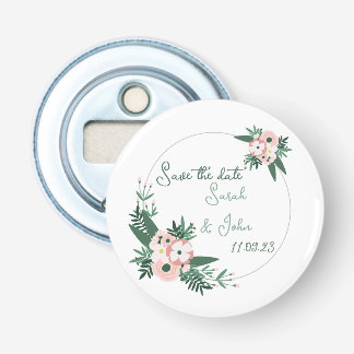 Circular pink, gray, teal flower save the date bottle opener