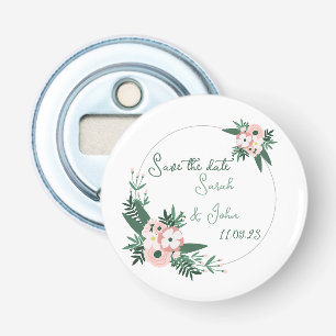 Circular pink, grey, teal flower save the date bottle opener