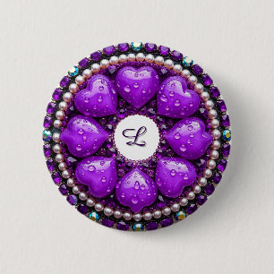 Circular Purple Jewellery Brooch with Heart 6 Cm Round Badge