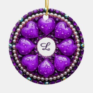 Circular Purple Jewellery Brooch with Heart Ceramic Ornament