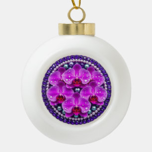 Circular Purple Orchid Floral Arrangement Ceramic Ball Christmas Ornament