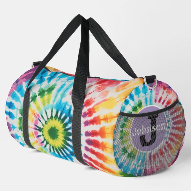 Circular Rainbow Tie Dye monogram personalised Duffle Bag (Right Corner)