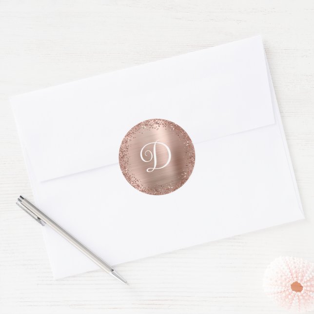 Circular Rose Gold Glitter and Foil Monogram Classic Round Sticker (Envelope)