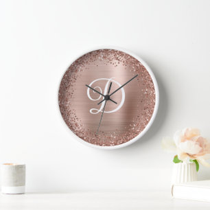 Circular Rose Gold Glitter and Foil Monogram Clock