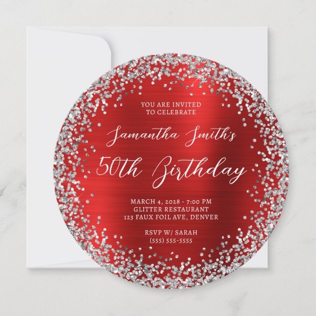 Circular Silver Glitter Red Foil 50th Birthday Invitation (Front)