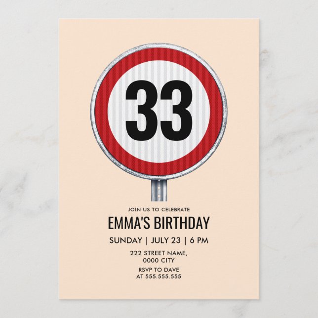 Circular speed sign with custom age birthday party invitation (Front)