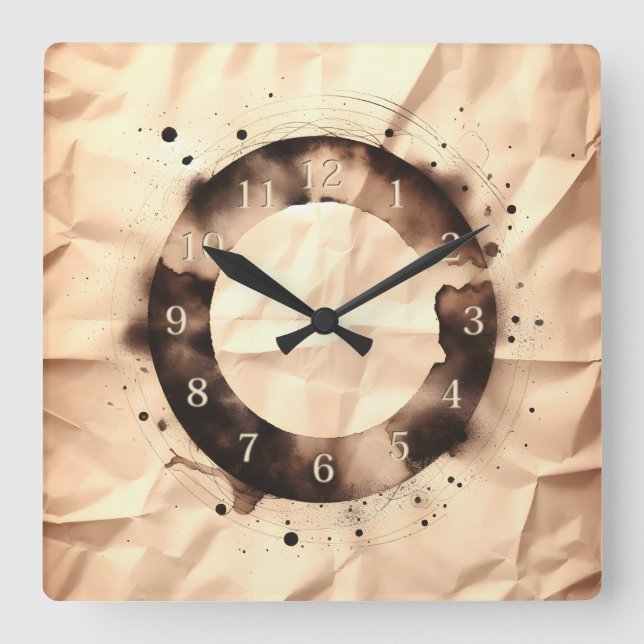 circular stain on crumpled paper square wall clock (Front)