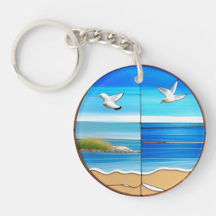 Circular Stained Glass Seascape with Flying Seagul Key Ring