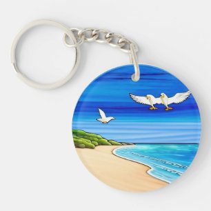 Circular Stained Glass Seascape with Flying Seagul Key Ring