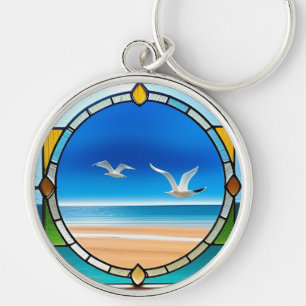Circular Stained Glass Seascape with Flying Seagul Key Ring