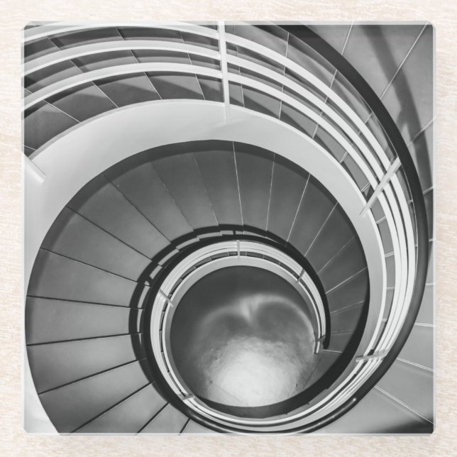 Circular Stairway BW Glass Coaster (Front)