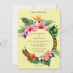 Circular Tropical Hawaiian Floral Wedding- Yellow Invitation