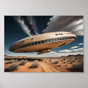 Circular UFO Over Desert Poster