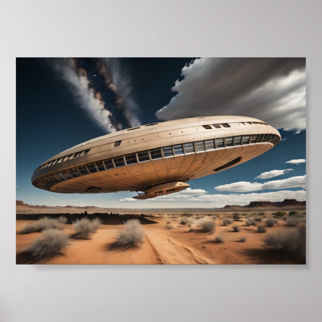 Circular UFO Over Desert Poster (Front)