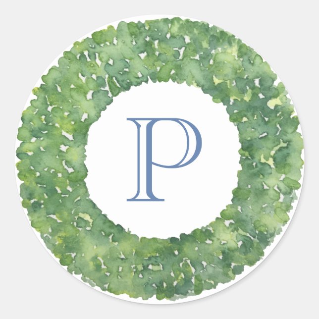 Circular Winter Greenery Wreath Monogram Blue Classic Round Sticker (Front)