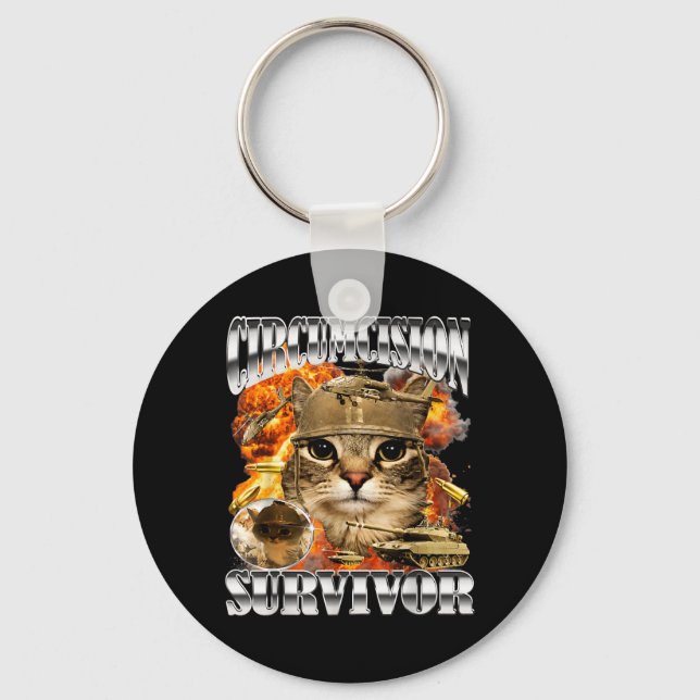 Circumcision Survivor Cat Meme Bootleg Funny Key Ring (Front)