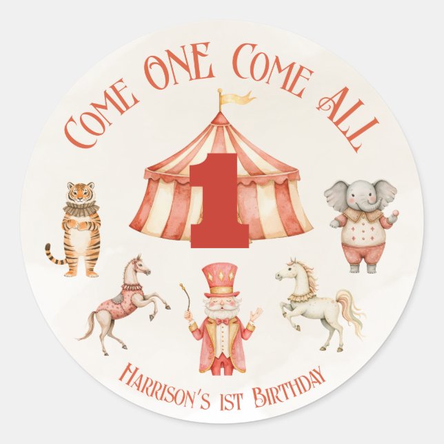 Circus Animal First Birthday Classic Round Sticker (Front)