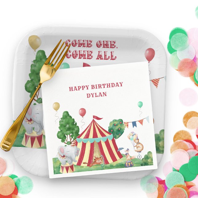 Circus Animals and Big Top Kids Birthday Party Napkin (Circus Themed Paper Napkins personalized for Kids Birthday)